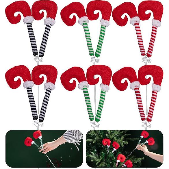4 PCS Christmas Elf Legs Picks-Elf Feet Tree Ornaments with Fixed Wire-Striped Plush Stuffed Elf Leg Picks for Christmas Tree Party Home Decorations