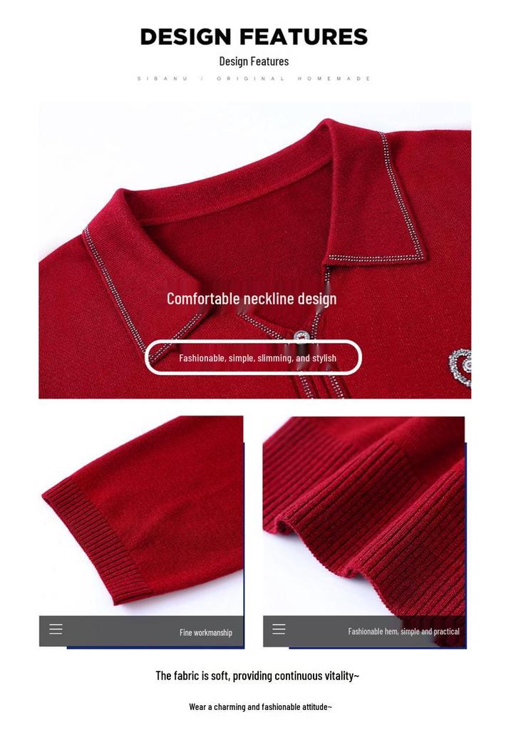 Spring & Autumn Nine-Sleeve Plus Size Knitwear for Middle-Aged Women, Lapel Wool Base Layer T-shirt