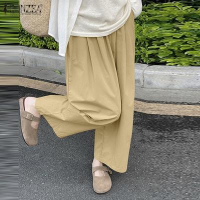Women Casual Elastic Waist Pockets Solid Color Loose Wide Leg Pants