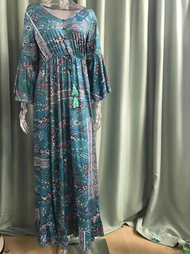 2023 Bohemian Style V-Neck Bell Sleeve High Waist Floral Vacation Dress for Women