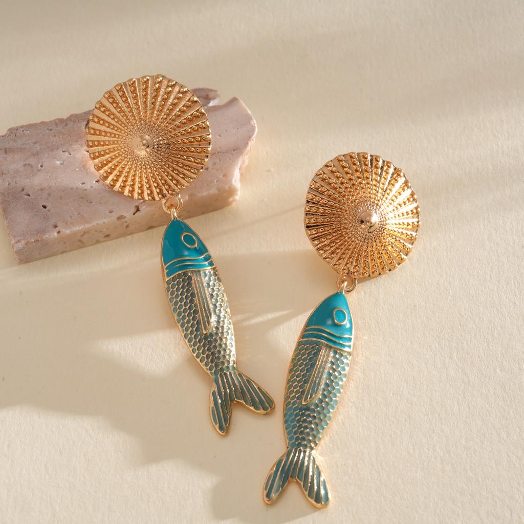 Gold Sunburst Shell Dangle Earrings, Turquoise Enamel Fish Charms, Bohemian Statement Jewelry for Summer & Vacation
