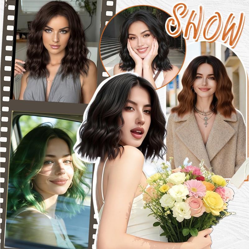 Womens Short Curly Wig 4x1 Small T Part Lace Middle Water Wave Synthetic
