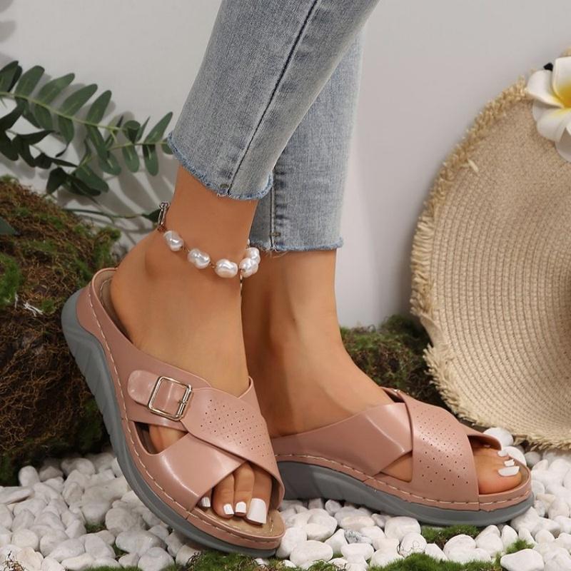 Fashion Large size wedge slippers female 2025 summer new belt buckle sole double color sandals female