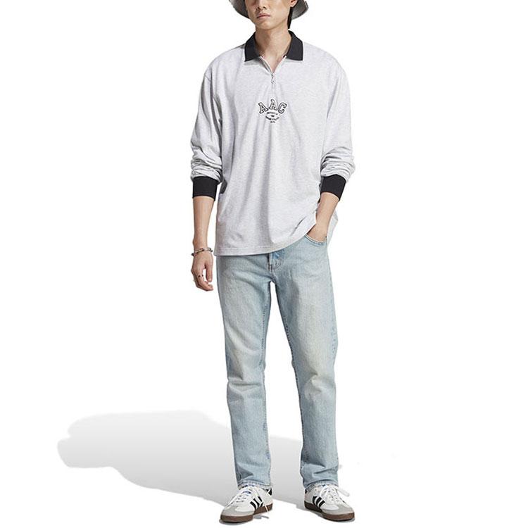 Adidas Embroidered Letter Colorblock Loose Long Sleeve Polo Shirt Men Tops Gray IM4585