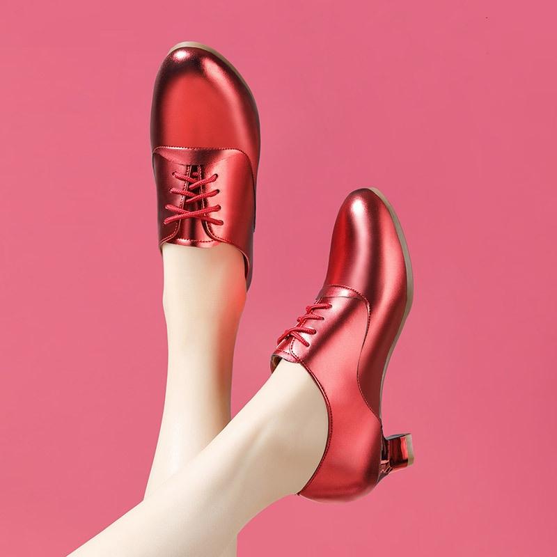 4cm 6cm Bequeme Schnürschuhe aus echtem Leder Damen Pumps Frühling 2025 Mittelhohe Blockabsätze Schuhe Rot Silber für Tanzparty Mama