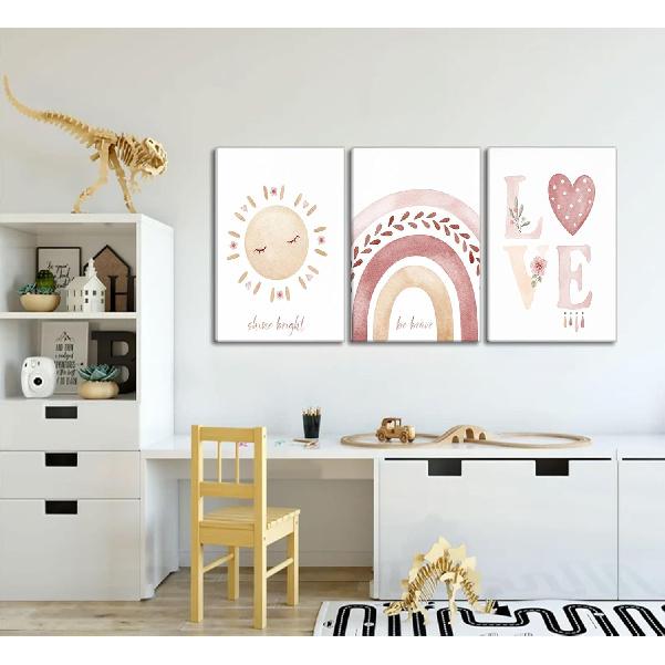 3 Pcs Nursery Canvas Wall Art Pink Sun Rainbow Hearts Posters Prints Boho Kids Room Pictures Wall Decor for Toddlers Children Baby Girl Bedroom Home