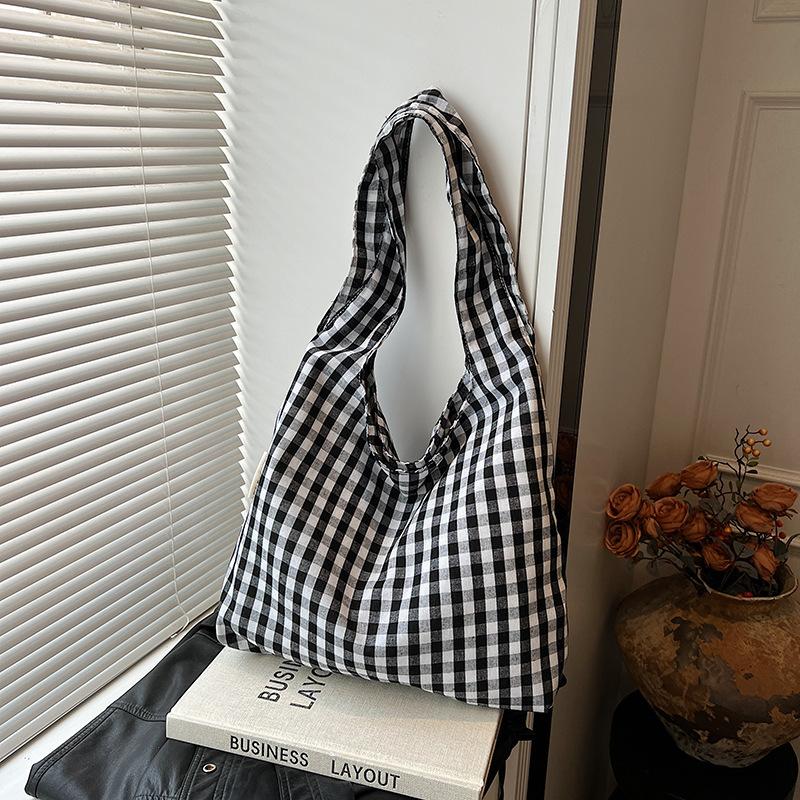 Women's Large Capacity Lightweight Foldable Tote Bag with Plaid Pattern -Suitable for Commuting, Travel, Camping Handbag