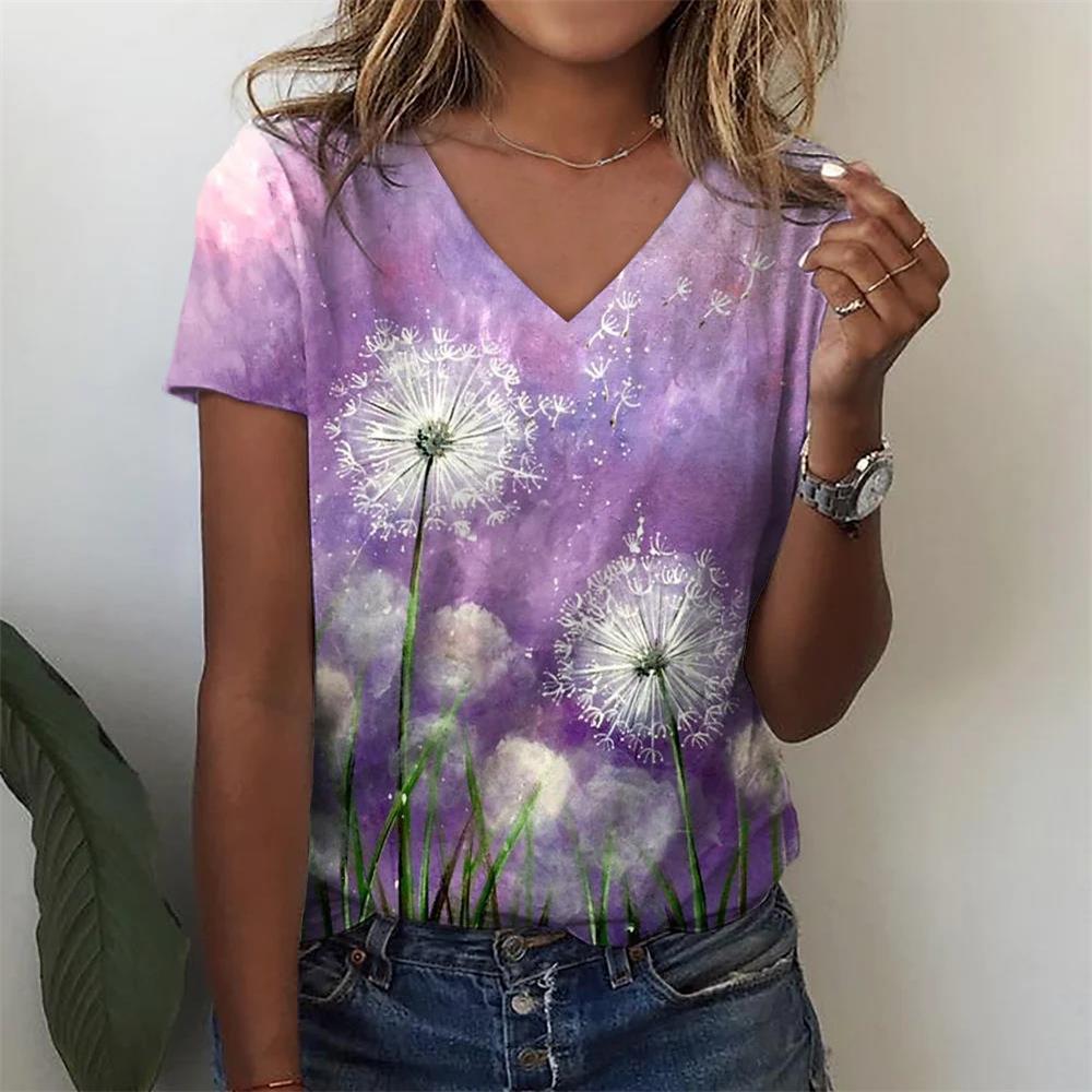 Summer Casual Women's Abstract Flower Painted Pattern 3D Printed V-neck Top Fashionable Loose Clothing Shirt