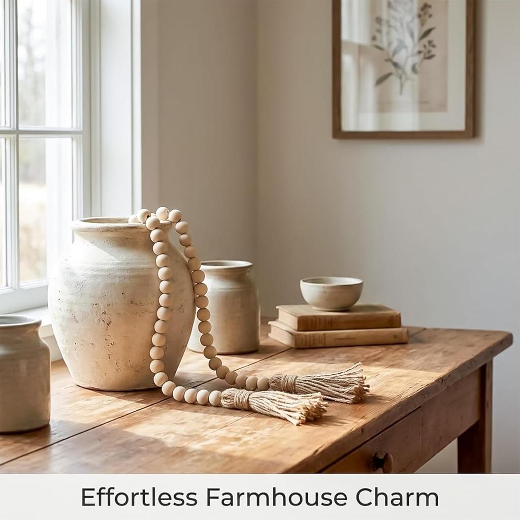 Wood Bead Garland with Tassels - 2PCS Farmhouse Rustic Country Decorative Beads Home Decor, Natural Color, 50inch 14mm 84 Round,Boho,Farmhouse Beads