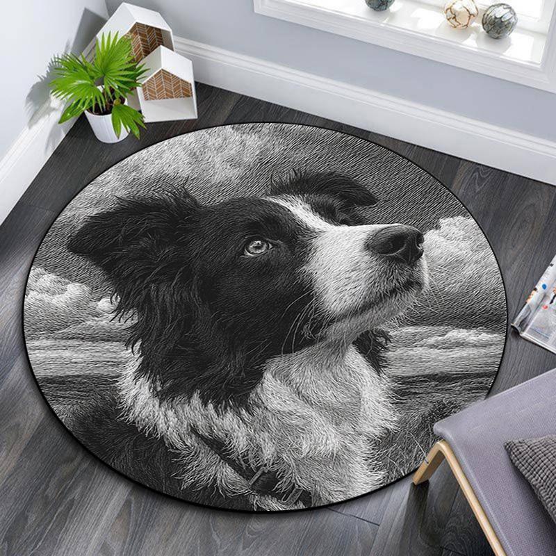 Border Collie Runder Teppich, Teppich für Wohnzimmer Schlafzimmer Sofa Spielzimmer Dekoration, Rutschfeste Bodenmatte