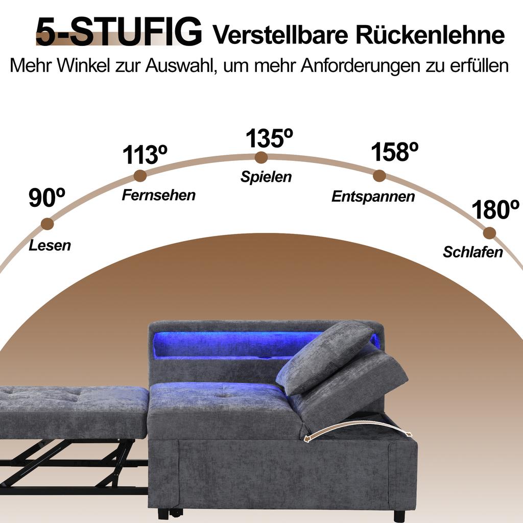 3 In 1 Multifunctional Sofa Bed, Linen Sofa with Adjustable Backrest, Armrest with LED Light Strips and USB/Type-C Ports, Lounge Sofa for Small Spaces