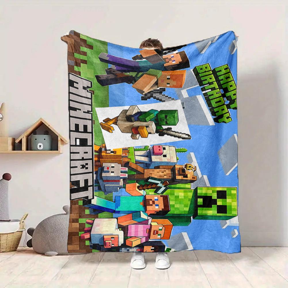 1Pc Minecraft Happy Birthday Party Flannel Blanket, Soft And Comfortable, Casual Warm, Camping Travel, Christmas, Halloween Xmas Gift S1948
