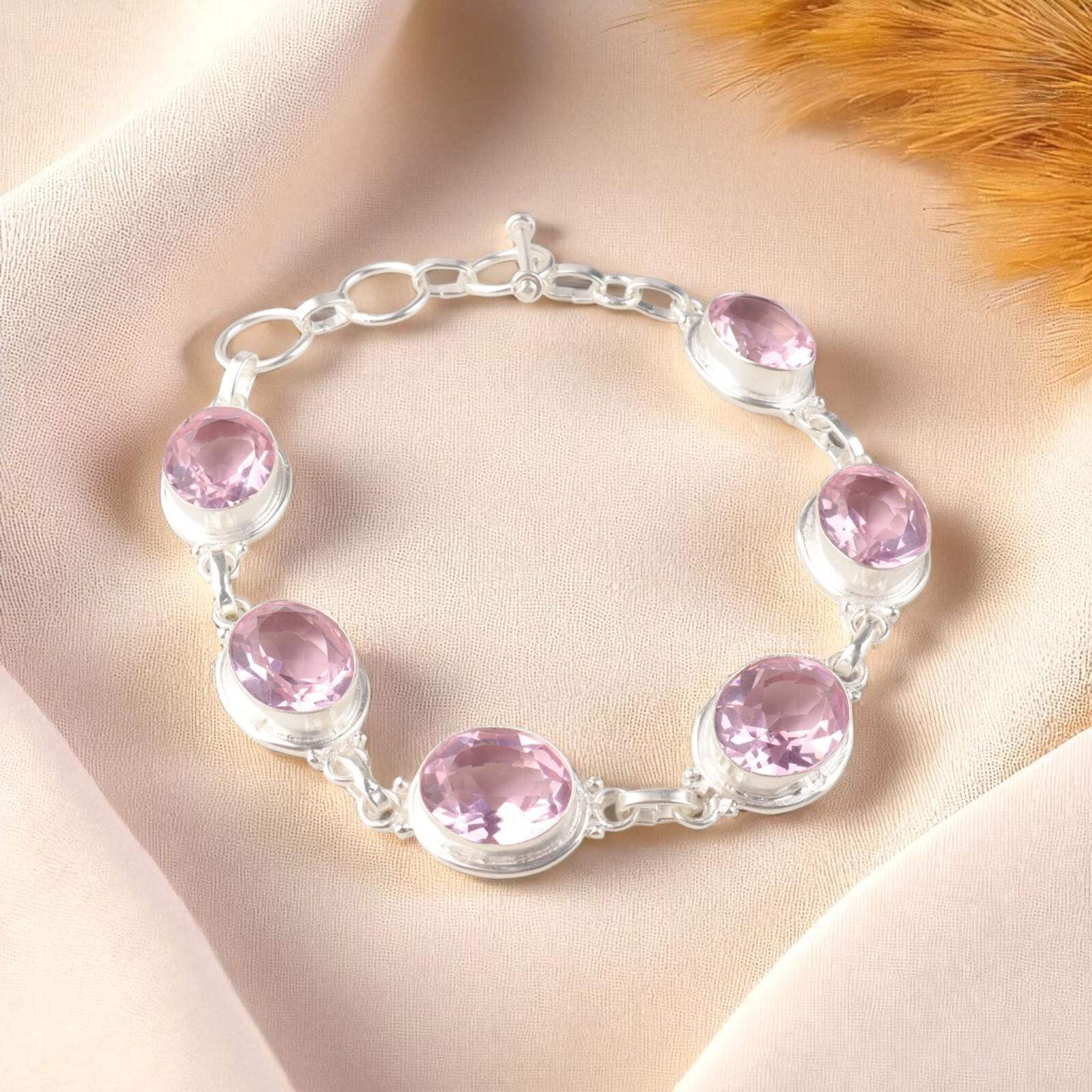 

Natural Morganite Gemstone 925 Sterling Silver Jewelry Handcrafted Bracelet 8.5 RB-3-15
