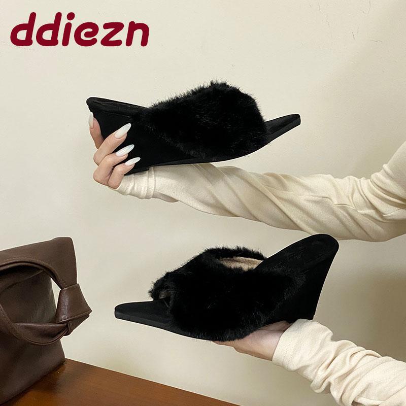 Fashion Ladies Pumps Slides Wedges Shoes Female High Heels Footwear Pointed Toe Fashion Fur Warm Women Wedges Heeled Shoes