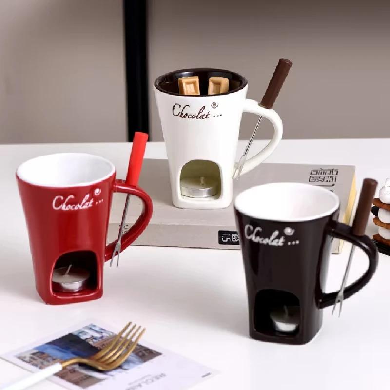 130ml Xícara para Fondue de Chocolate Xícara Europeia com Vela Caneca de Cerâmica Aquecimento de Comida Queijo Criativa Caneca de Café com Garfo Festa de Natal