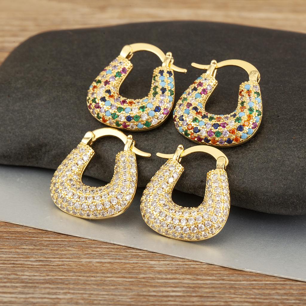 Nidin High Quality U Shape Copper Inlaid White/Colorful Zircon Hoop Earrings For Women Female Wedding Party Ear Jewelry Gifts