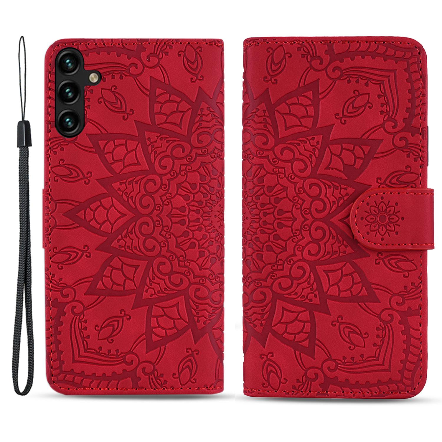 

For Samsung Galaxy A15 4G Case Imprinted Flower Leather Phone Cover with Wallet Red