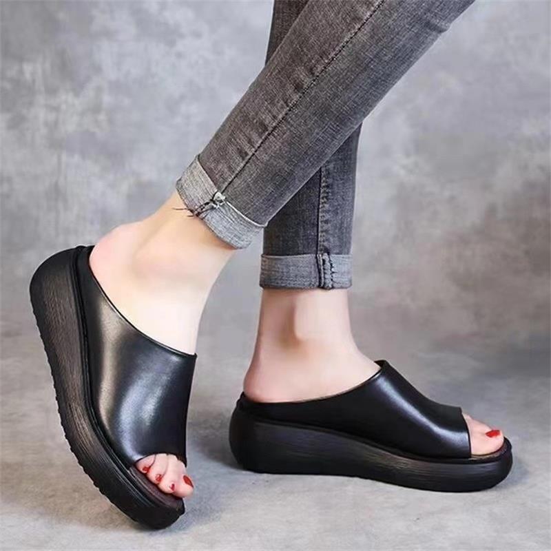 Fashion Spring Autumn Outdoor Lady's Slippers Summer Leather Shoes Platform Slippers Lady's Black