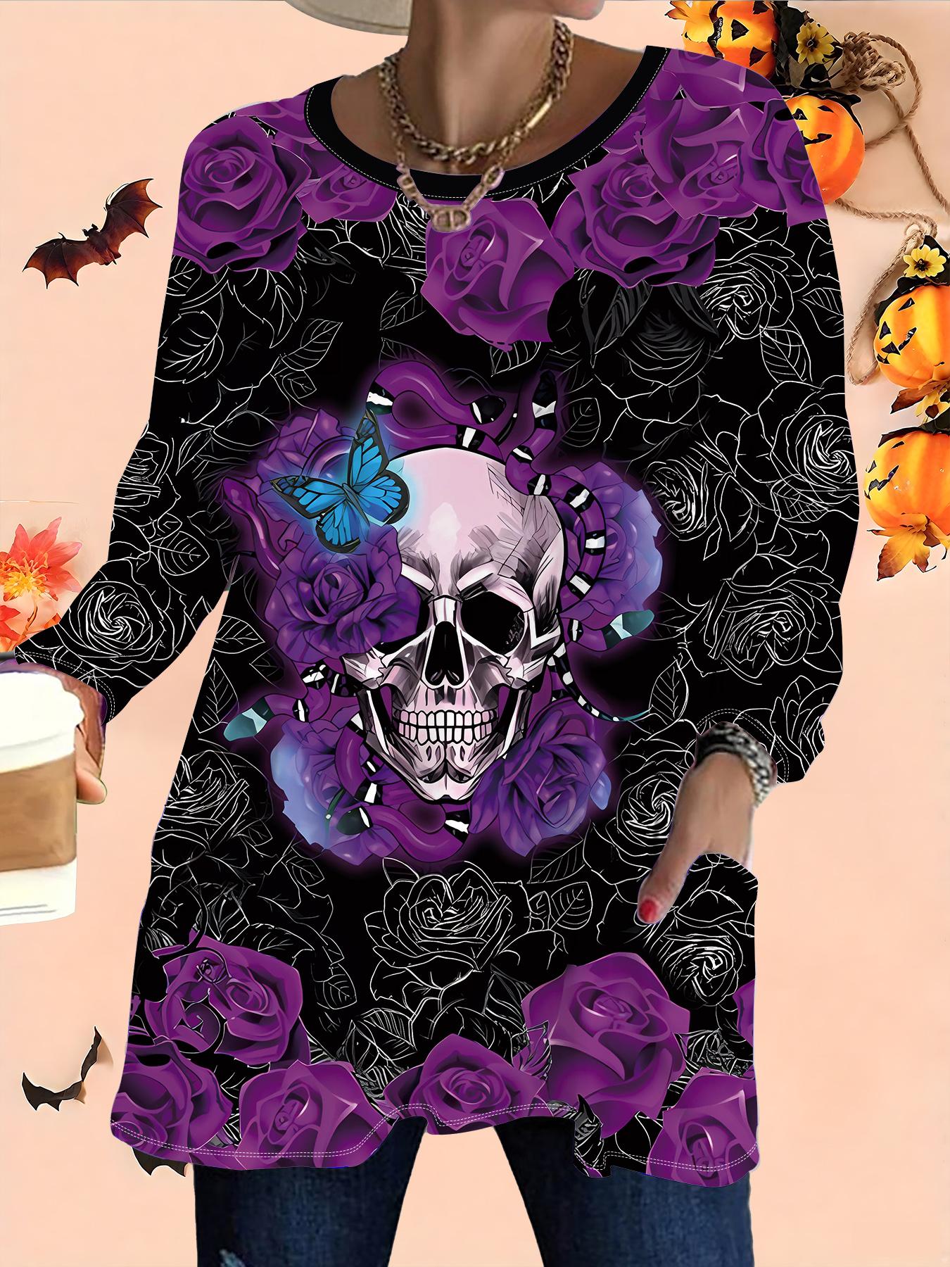 

2025 Осень Зима Новые Женские Топы Большого Размера, Модные Футболки с 3D-принтом на Хэллоуин с Круглым Вырезом и Длинным Рукавом 6XL фиолетовый