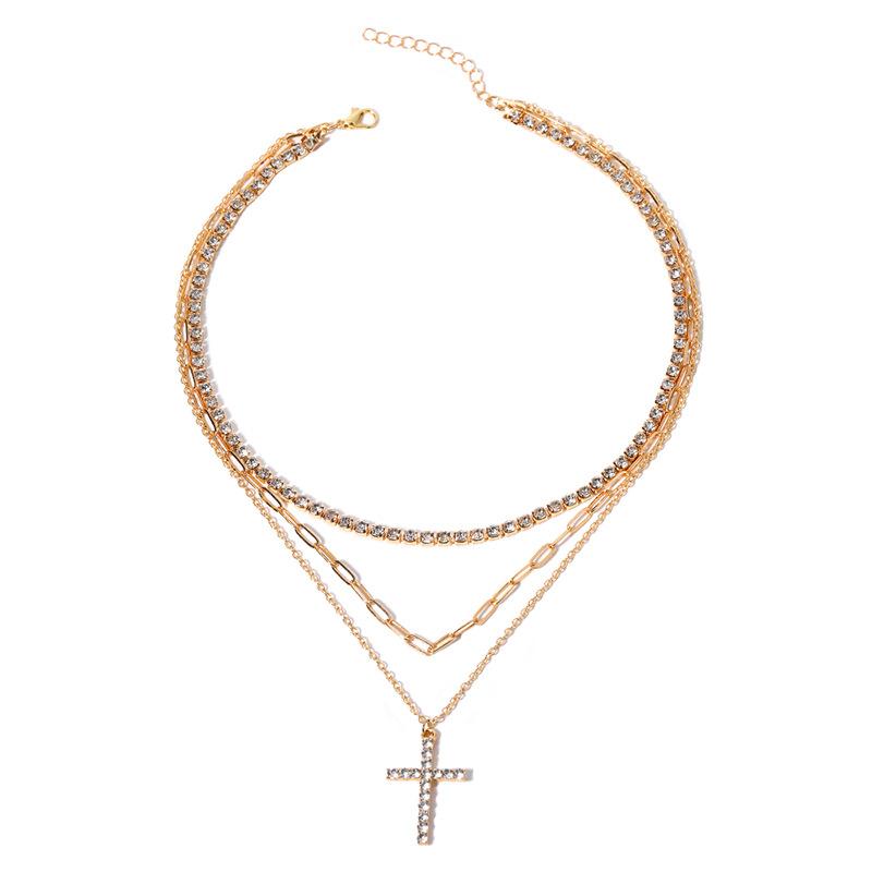 European and American new jewelry light luxury style diamond-encrusted diamond necklace women's alloy cross stacked multi-layer necklace