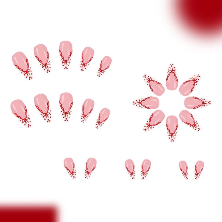 24pcs French Manicure Fake Nail White Base Red Dots Bows Accents Easy Application Artificial Nail For Elegant Look