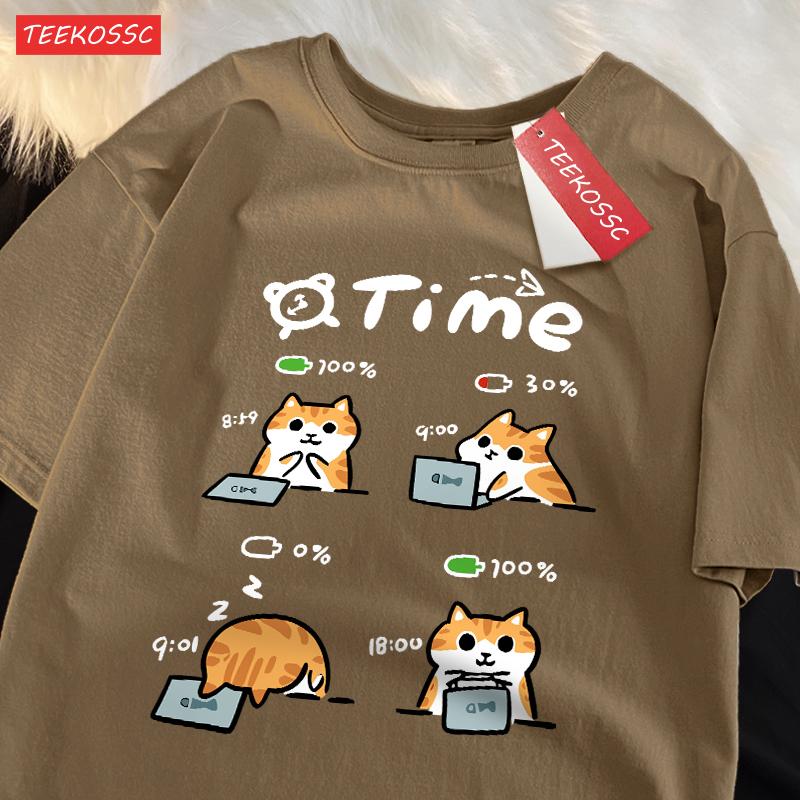 

A Day When The Working CatS Battery Is Low Cotton Women TShirts Cartoons Prints T Shirts Loose ONeck Soft Tops Summer Clothes S