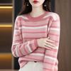 Elegant Round-neck Knitted Sweater for Women Contrasting Color Striped Sweater for Women Loose Long-sleeved Pullover for Autumn and Winter