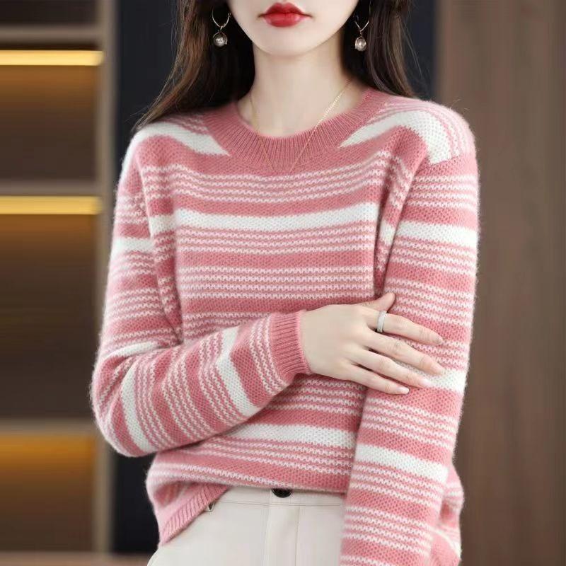 Elegant Round-neck Knitted Sweater for Women Contrasting Color Striped Sweater for Women Loose Long-sleeved Pullover for Autumn and Winter