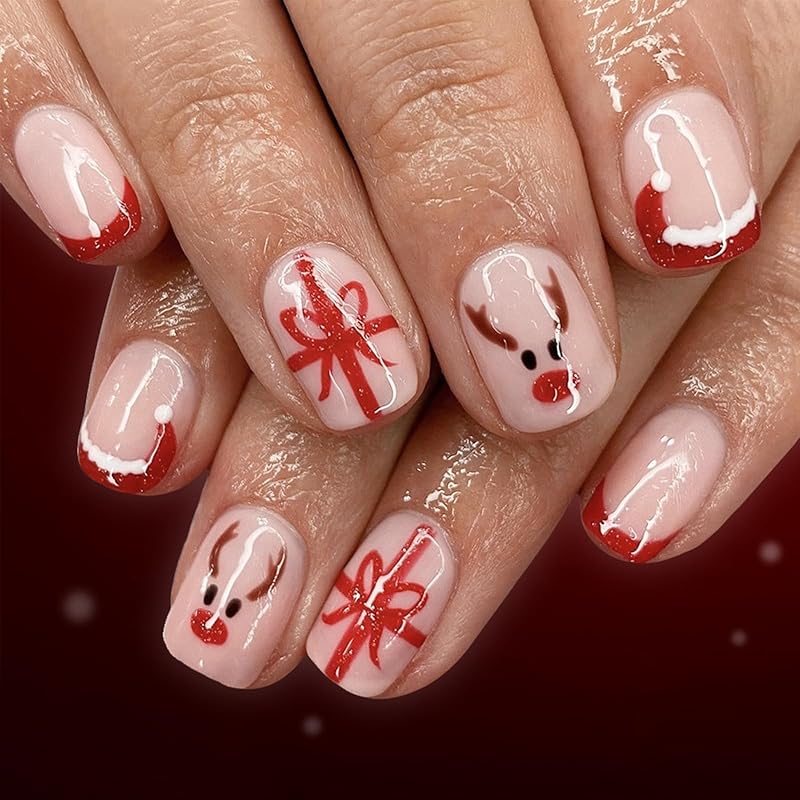 Christmas Snowmen Press On Nails Short Square French Tip Fake Nails with Winter Snowflake Design Blue Winter Xmas Snowmen Glue On False Nail
