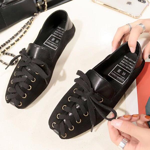 Fashion Personality Women Shoes 2025 Spring Lace-Up Casual Loafers Fashion Soft Square Toe Flats for Women Shoes Black Loafers Women