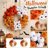 Halloweenowy sztuczny wieniec z dyni 40 cm, 3-kolorowy jesienny wieniec do dekoracji drzwi wejściowych