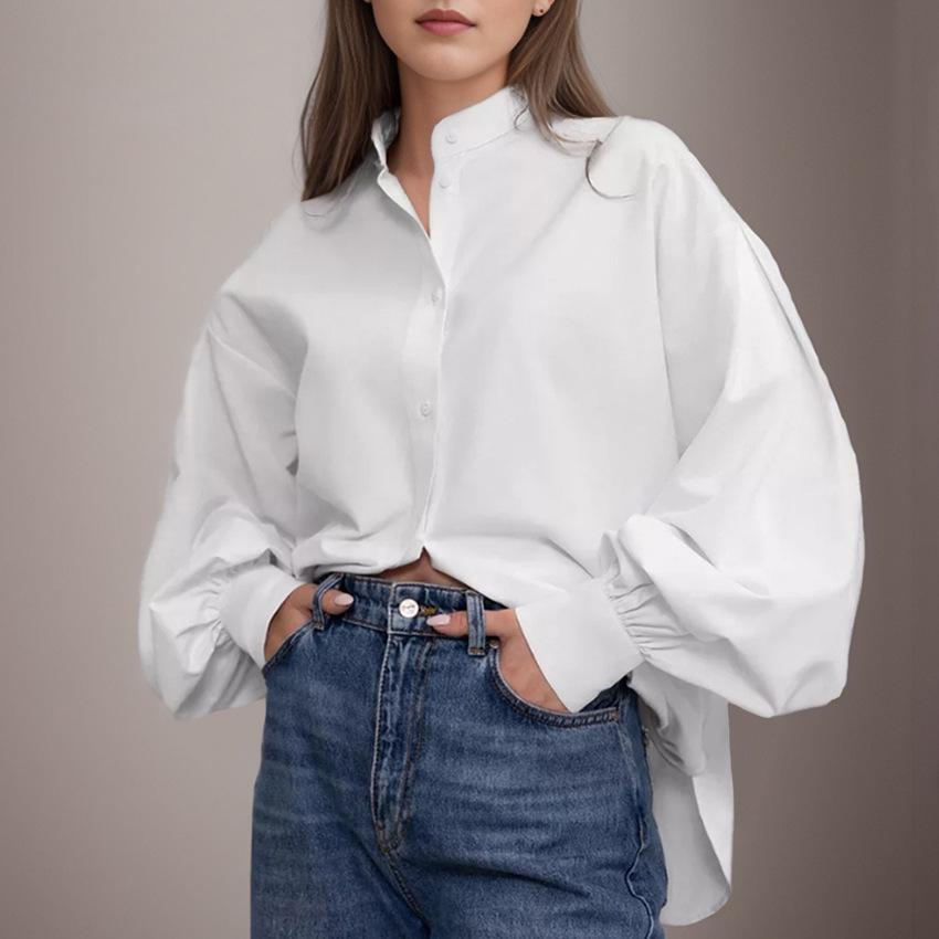 Spring European and American neutral minimalist style wildberries sexy lapel lantern sleeve cardigan shirt women's clothing