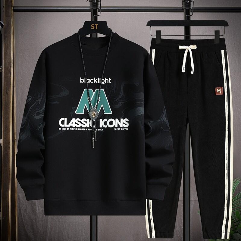 

Осенний комплект свитера с круглым вырезом для мальчиков 13 лет, учеников средней школы, модный топ с принтом, комплект из двух предметов для 15 детей старшего возраста 3XL чёрный