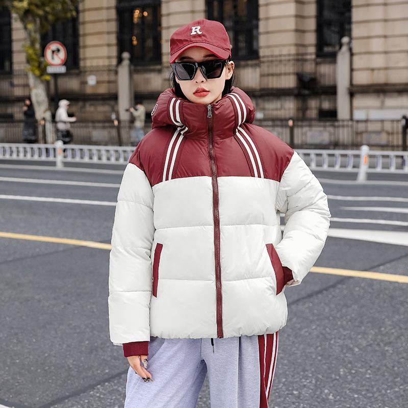 Short hooded color matching winter new down cotton thickened bread fashionable loose cotton coat