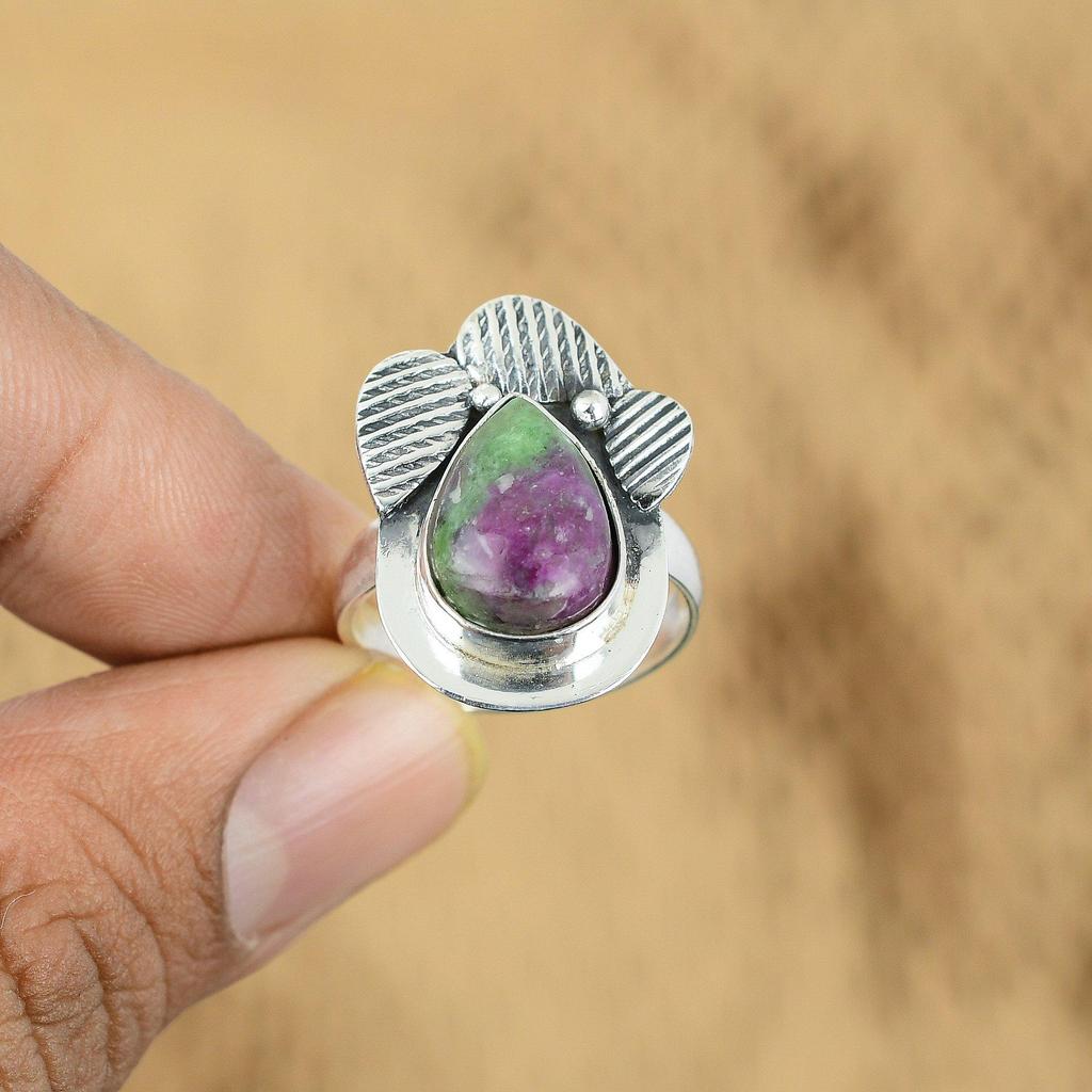 Sterling Silver Ruby Zoisite Stone Wedding Stackable Art Deco Anniversary Ring