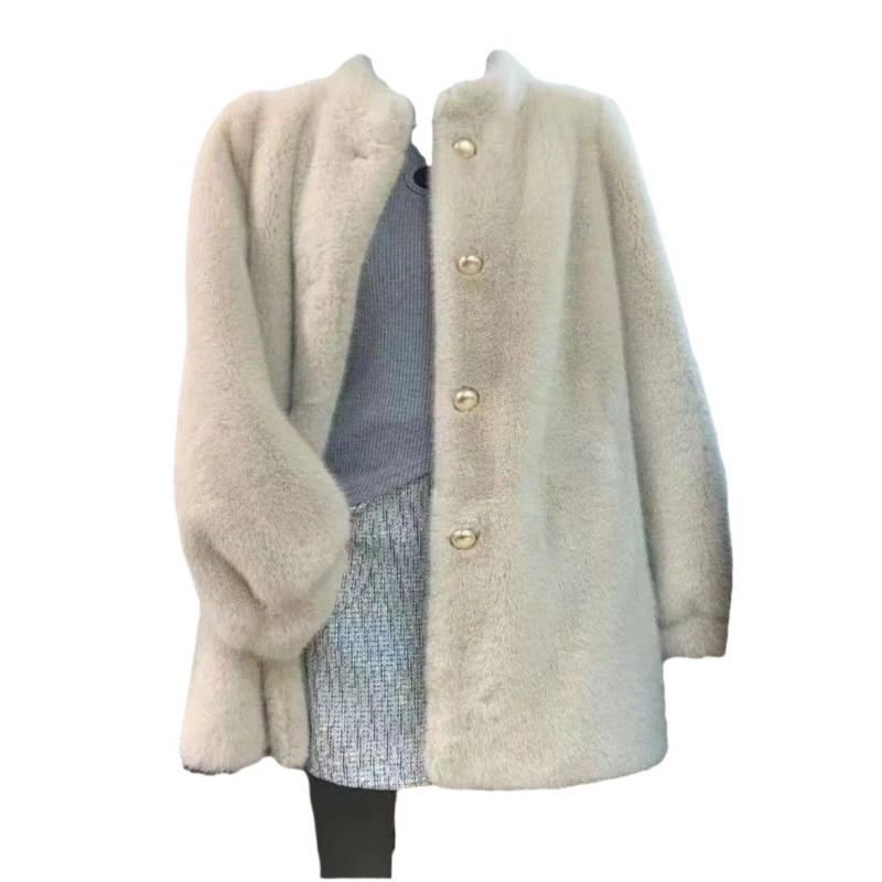 Winter New Stand-up Collar Sweet Fluffy Imitation Fur Coat Medium and Long Slim-fitting Thickened Coat Cotton-padded Coat Fashion