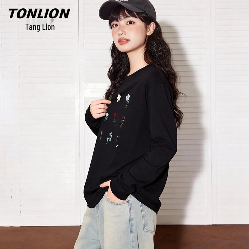 

TonLion Women s Loose Fit Pure Cotton Floral Embroidered Long Sleeve Tee 2XL