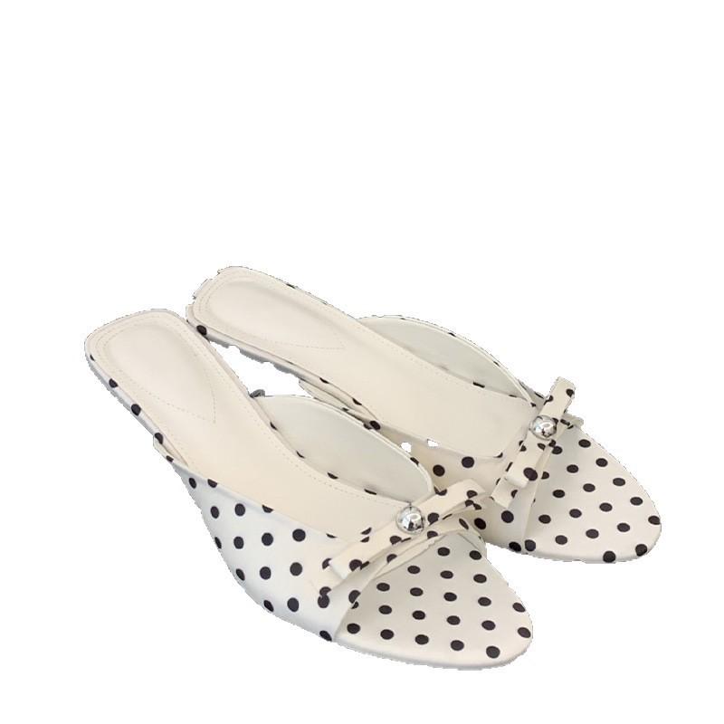 With Skirts, Thin Heels, Small Sandals, Women's Summer Wear 2025 New Fashion Polka Dot Kitten and Cool Slippers, One-word Slippers