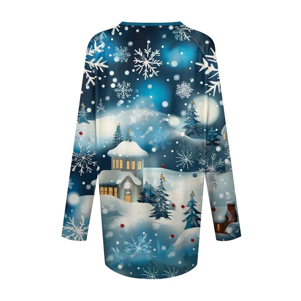 Women's Fashion Casual T-shirt Printing Long Sleeve V-neck Medium Long Top