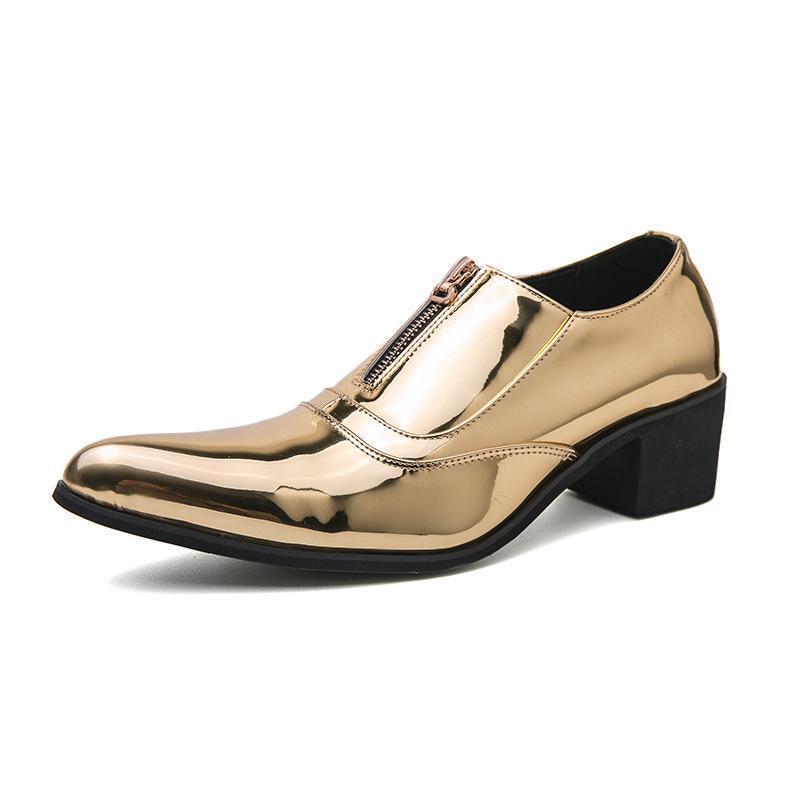 Men's Cross-Border Shiny Leather Dress Shoes - Pointed, Chunky Heel, Height Increasing, Zippered for Spring & Autumn