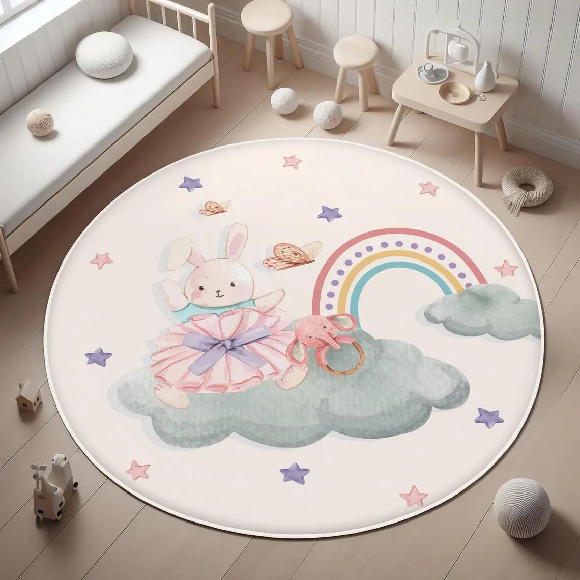 Pastel Regenboog Schattig Dier Rond Vloerkleed Collectie voor Babykamer Speelkamer Waterverf Kinderen-thema Antislip Vloermat 40X40CM