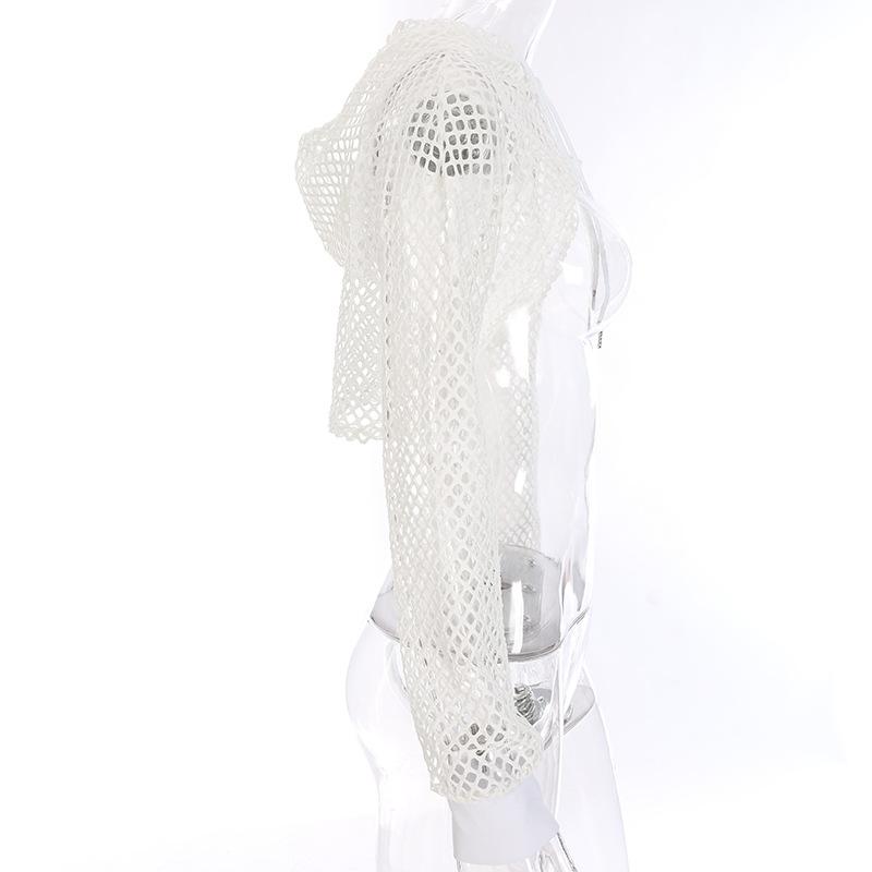 Women's Fashion Sexy Mesh Hollow Out Short Hooded Mesh Smock
