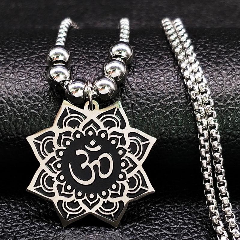 Lotus Stainless Steel Buddhist Hindu Symbol Necklace Women Silver Beads Long Necklace Jewelry