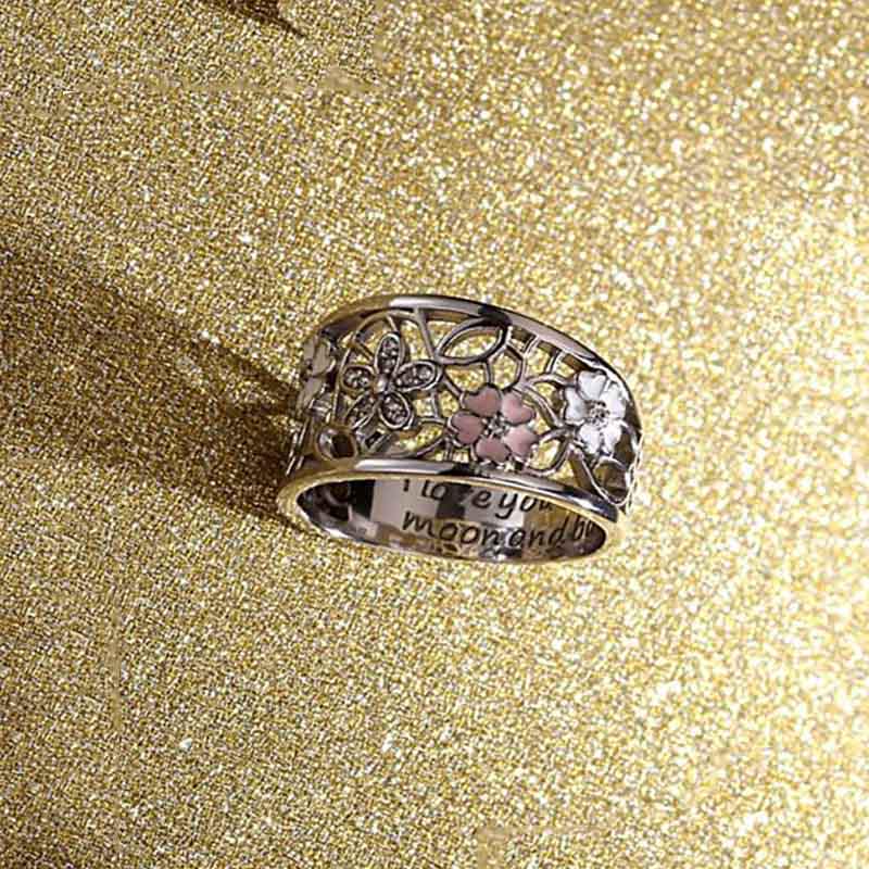Sapphire Flower Pink Diamond Lucky Cherry Blossom 4 Leaves Clover Ring Eternity