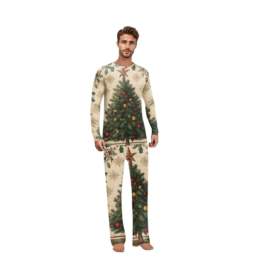 Set haine de casă de Crăciun cu gât rotund imprimat, mâneci lungi și pantaloni lungi pentru părinți și copii