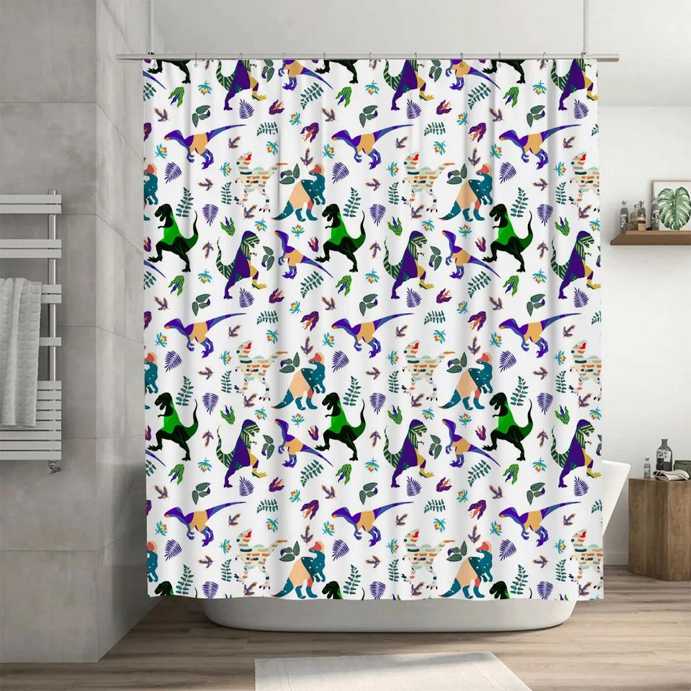 Vibrant Dinosaur Shower Curtain Multicolored T-Rex Pattern Bath Decoration For Kids Bathroom Waterproof Fabric Easy Hang Racks I