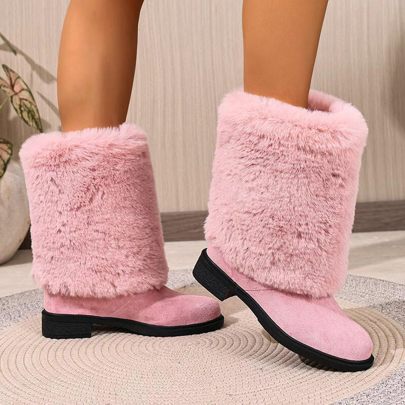Luxury Faux Fur Thick Heel Suede Mid Calf Boots Women  Winter Fluffy Fur Pipe Designer Snow Boots Woman's Furry Long Booties
