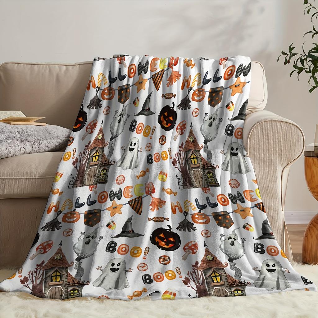 1pc Halloween themed candy ghost pumpkin pattern blanket, polyester fabric, machine washable, suitable for bedroom living room