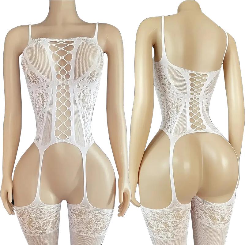 Plus Size Babydolls Clothes Sexy Fishnet Hollow Bodystockings Erotic Crotchless Lingerie Women Mesh See Through Baby Dolls Dress