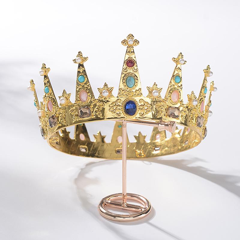 Perleglass Rhinestone Garden Krone Brude Europeisk Prinsesse Tiara Rund Barokk Pageant Kroner Krystall Full Krone Konge Tiara